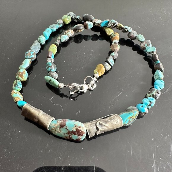 Genuine Hubei Turquoise Choker Necklace Sterling Silver Handmade Tribal - Picture 10 of 11